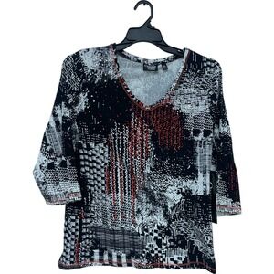 Onque Womens Black White Abstract Print Stretch V Neck 3/4 Sleeve Top‎ Size 1X